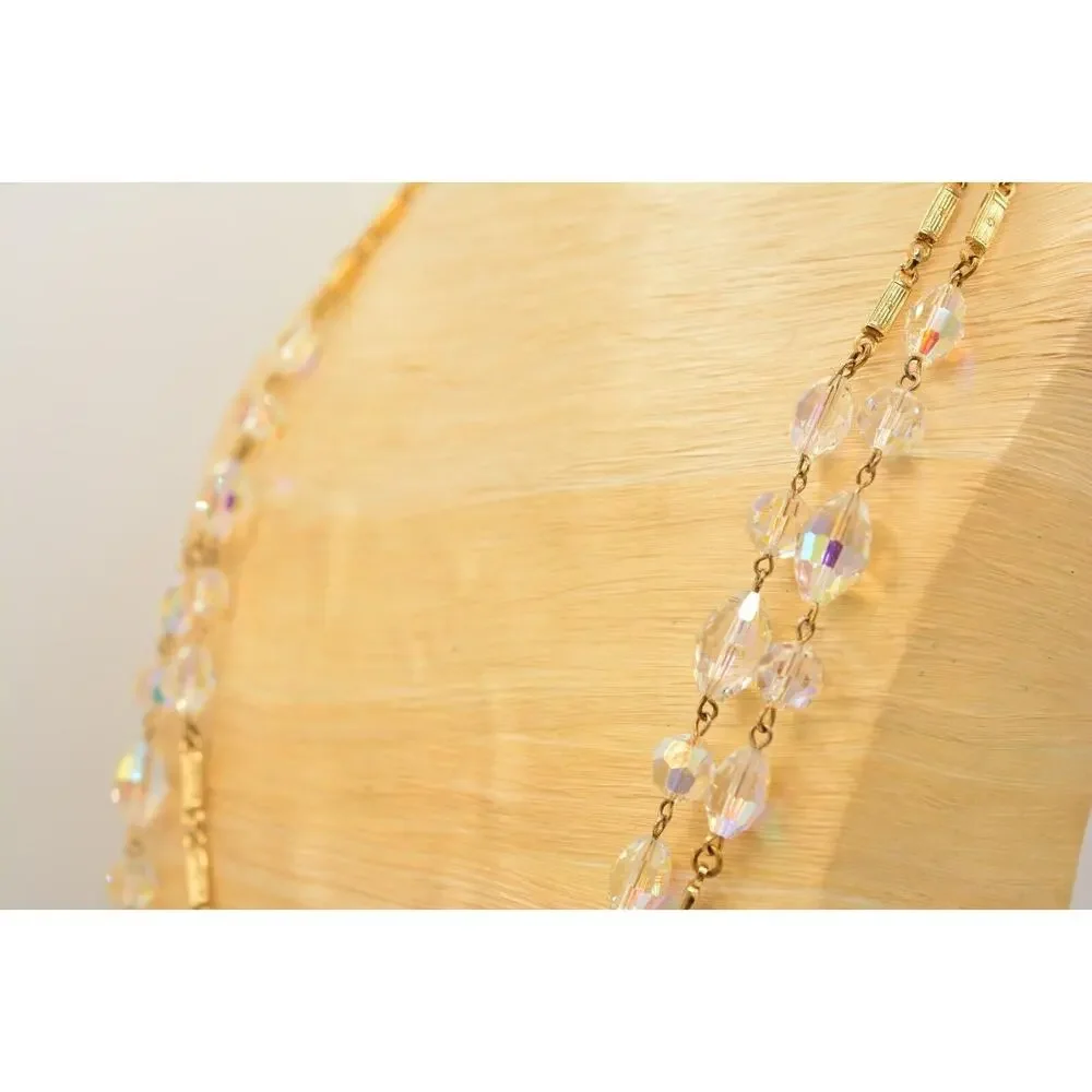 Vintage Crystal Necklace Gold Tone Chain Aurora Borealis Glass Long Sparkling 9J